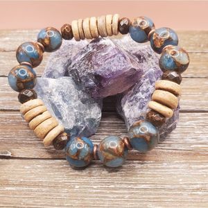 Teal Impression Jasper Bronzite Copper Coconut Husk Beaded Bracelet